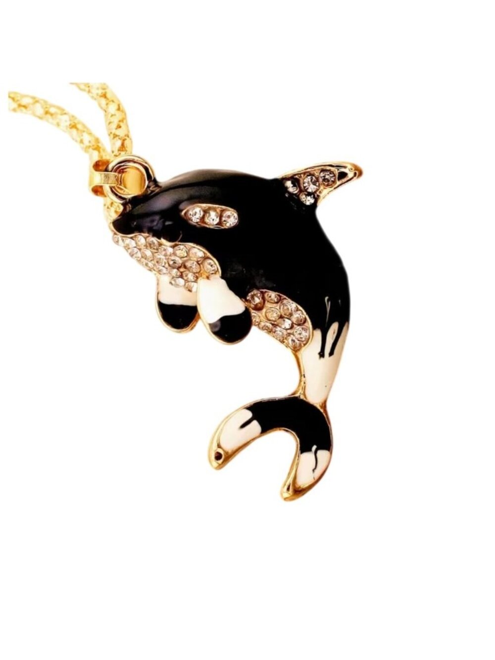 Orca Whale Dolphin Pendant Necklace Enamel & Rhinestones Gold Tone